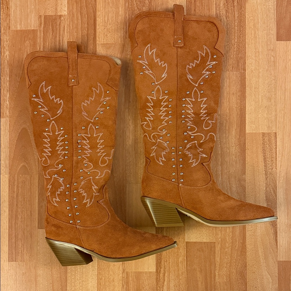 Azalea Wang Embroidered Tan Heeled Cowgirl Boots